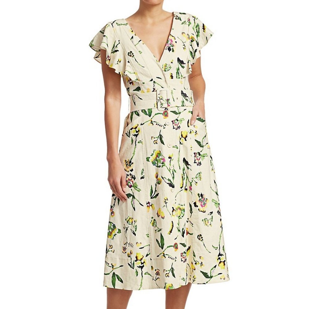 Tanya Taylor Inez Floral Belted Midi Dress in tie dye floral ivory Size 16